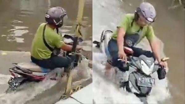 Viral Supra Bapak Membelah Banjir Kalau Ada Yang Sulit Kenapa Pilih