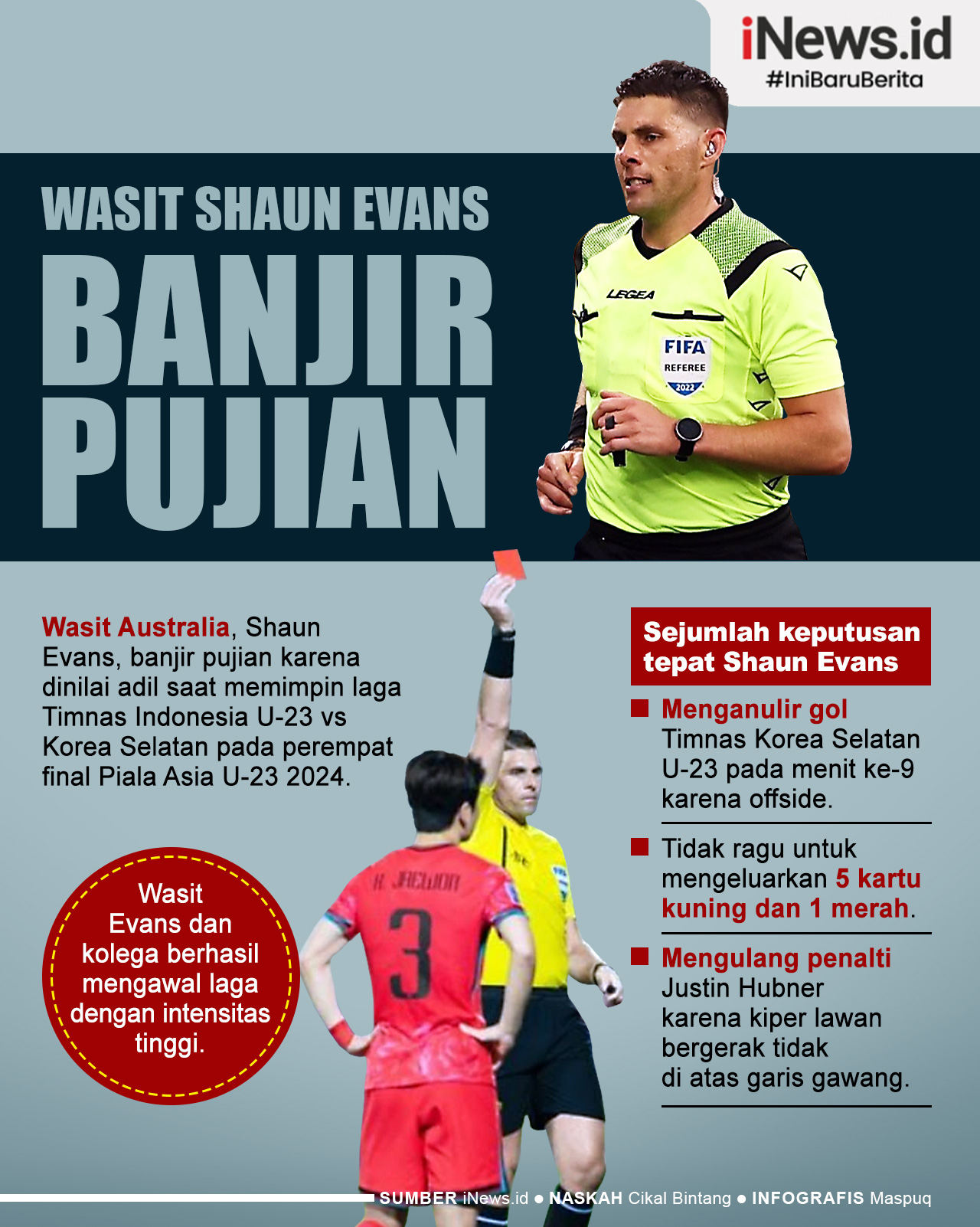 Infografis Wasit Shaun Evans Banjir Pujian usai Pimpin Indonesia vs Korsel