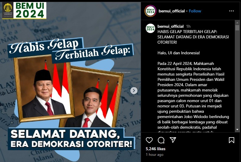 BEM UI Pasang Foto Prabowo-Gibran : Habis Gelap Terbitlah Gelap