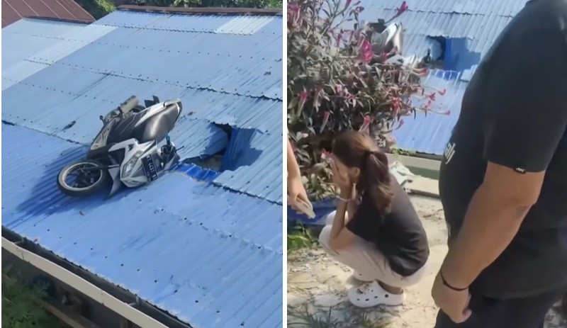Viral Pemotor Perempuan Kembali Nyangkut di Atap Rumah Warga, Netizen: Kasihan yang Punya Rumah