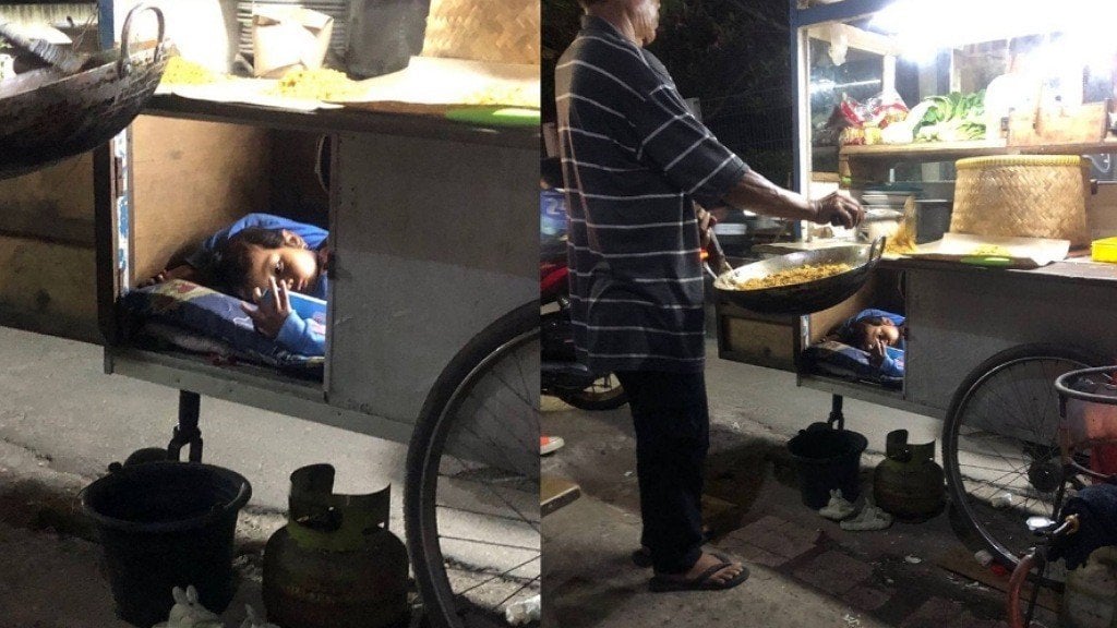 Viral Wanita Ini Kaget Lihat Anak Pedagang Nasi Goreng Tidur di Gerobak, Netizen Terharu