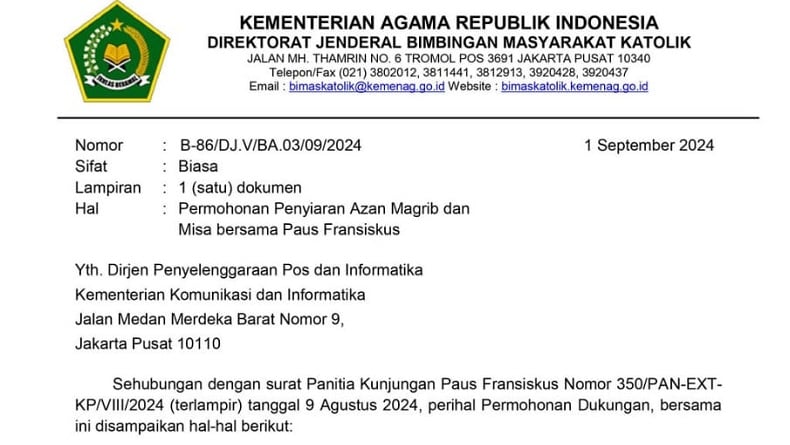 Surat Kemenag ke Kominfo: Minta Azan Magrib Ditampilkan lewat Running Text saat Misa Paus