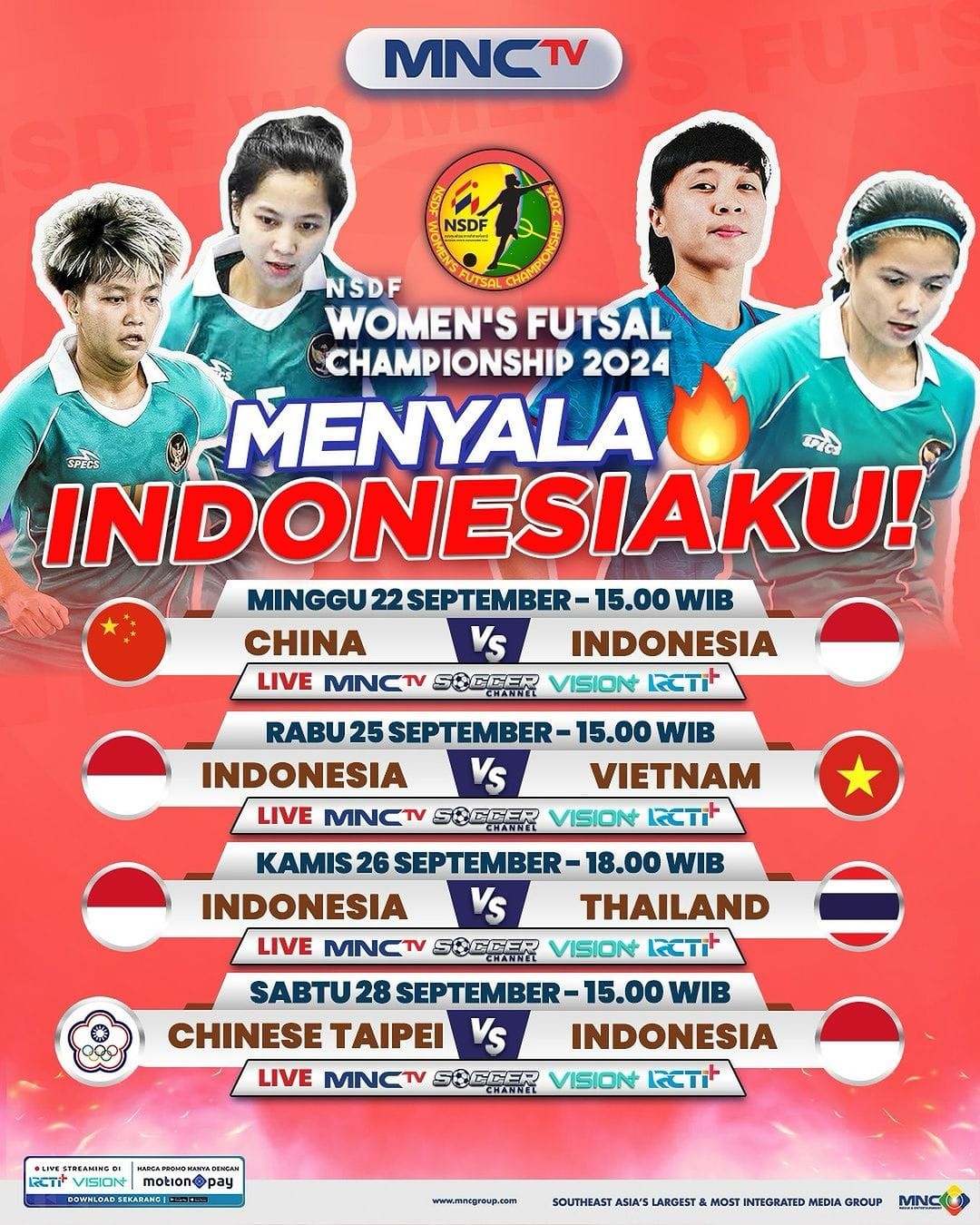 Saksikan Timnas Futsal Putri Indonesia Berlaga NSDF Womens Futsal Championship Mulai 22-28 September 2024 di MNCTV