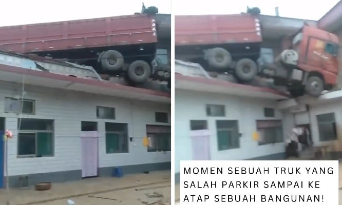 Viral Truk Nyangkut di Atap Rumah Warga, Netizen Kaget: Salah Parkir