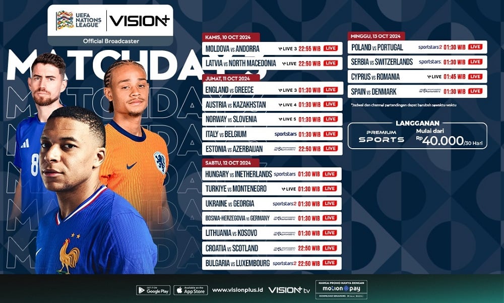 Jadwal dan Link Live Streaming Matchday 3 UEFA Nations League di Vision+