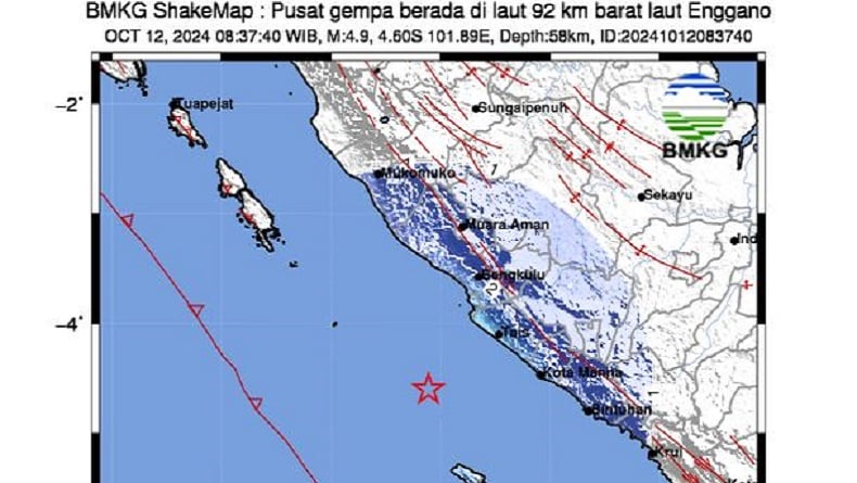 Gempa Hari Ini M4,9 Guncang Pulau Enggano, Terasa Cukup Kuat di Bengkulu