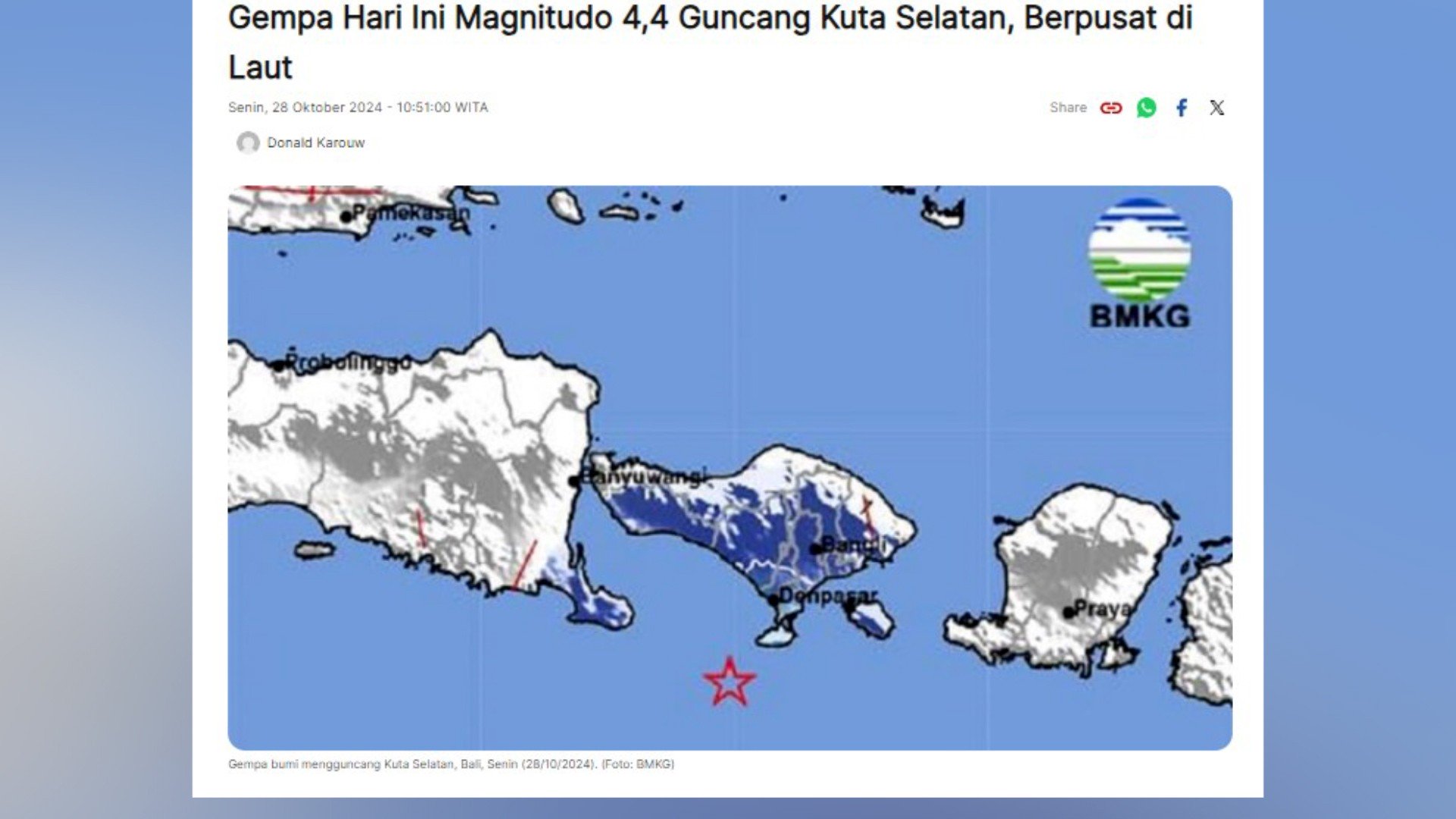 Gempa M4,3 Guncang Kuta Selatan Bali, Tidak Berpotensi Tsunami