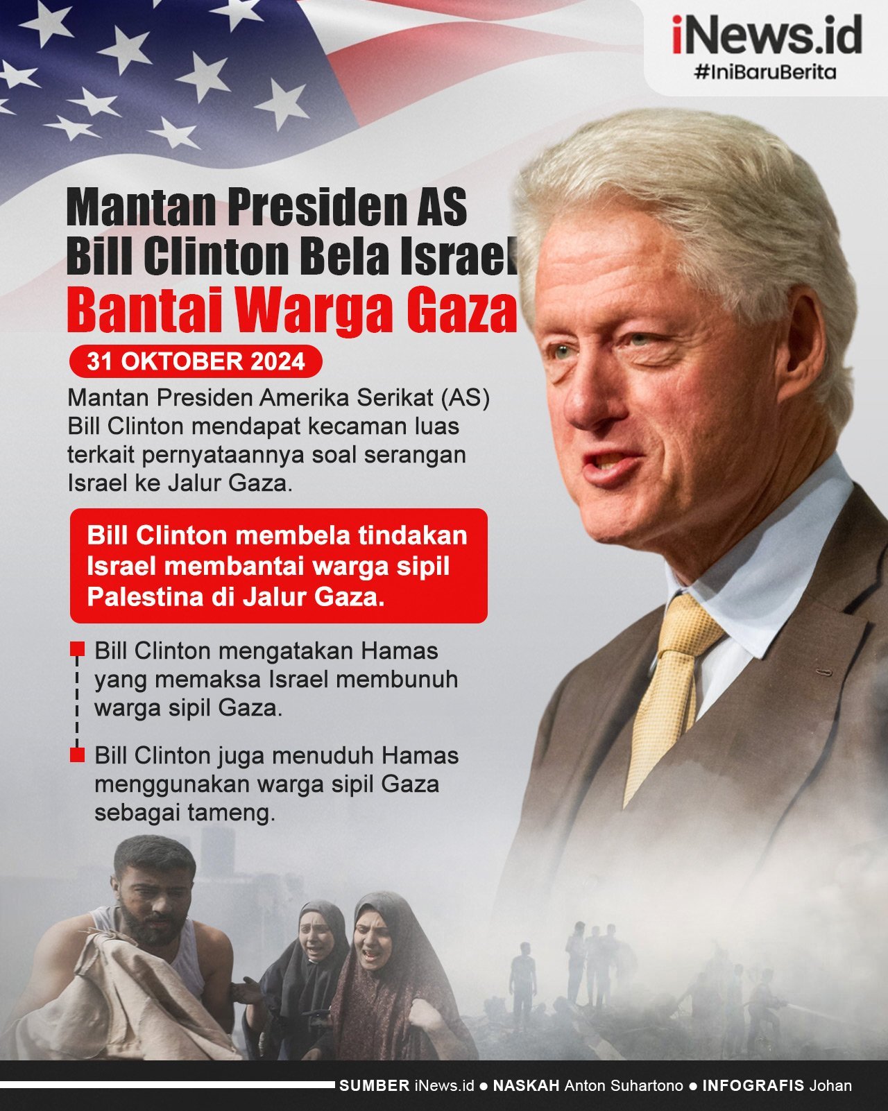 Infografis Mantan Presiden AS Bill Clinton Bela Israel Bantai Warga Gaza