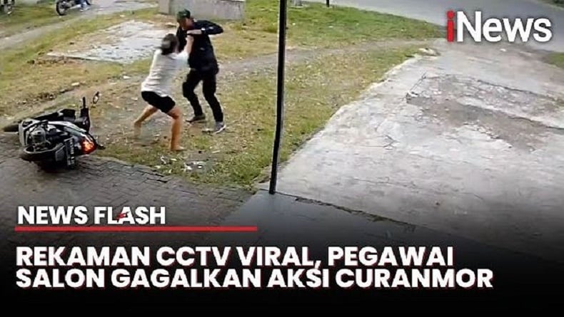 Terekam CCTV Aksi Perempuan Pegawai Salon Lompat Gagalkan Pencurian Motor di Medan