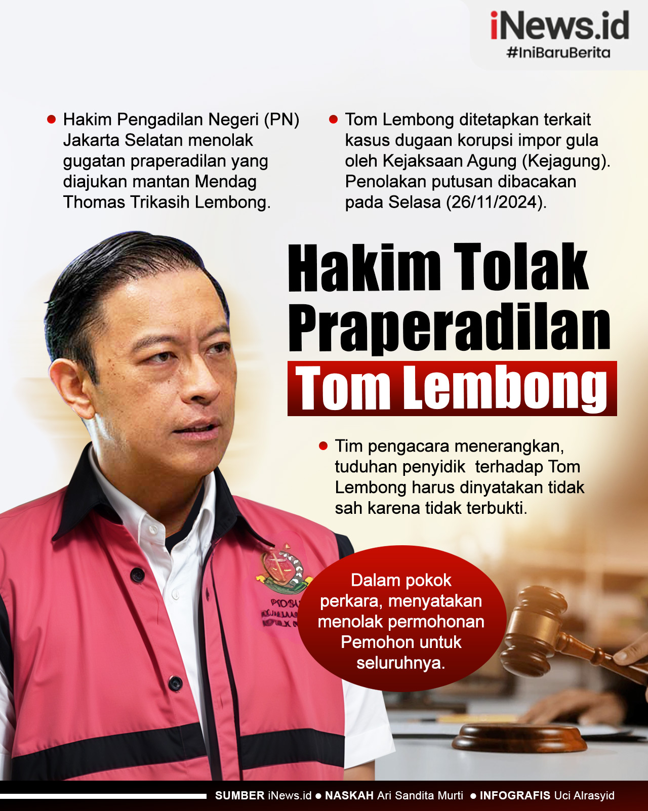 Infografis Hakim Tolak Praperadilan Tom Lembong