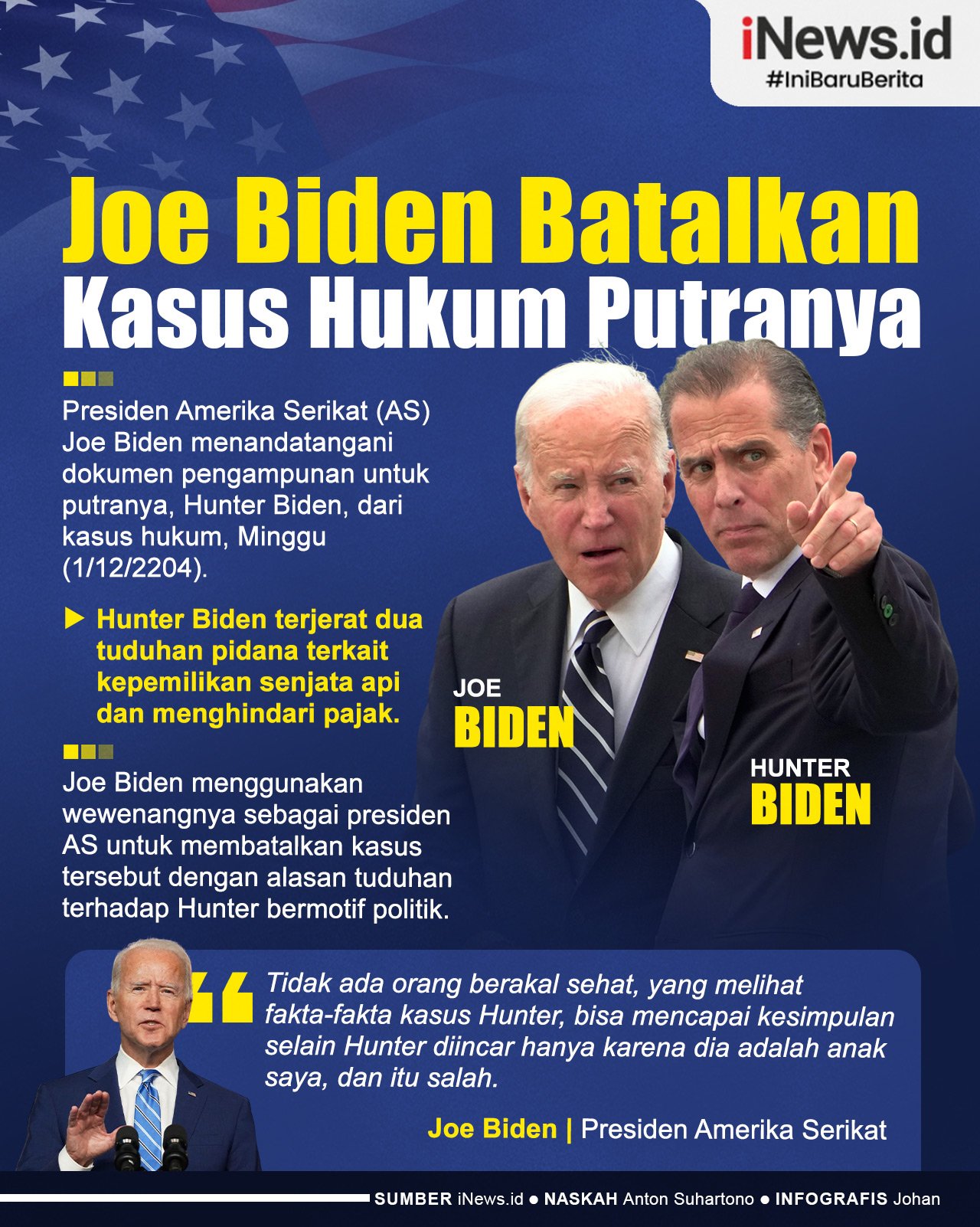 Infografis Joe Biden Batalkan Kasus Hukum Putranya soal Senjata Api dan Pajak