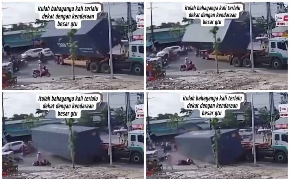 Menyeramkan, Viral Pemotor Nyaris Tertimpa Kontainer saat Menepi di Jalan