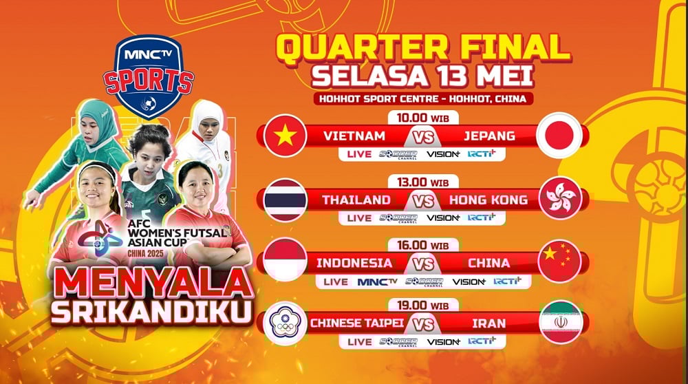 Live MNCTV! Timnas Futsal Putri Indonesia Vs China di Perempat Final Piala Asia Wanita 2025