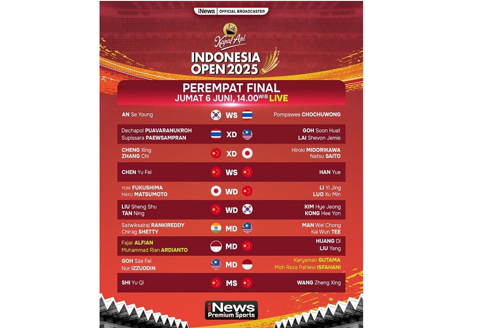 Wakil Merah Putih Beraksi di Perempat Final Indonesia Open 2025 Hari Ini, Saksikan Live di iNews Premium Sports