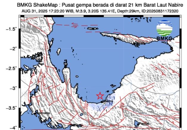 Gempa Terkini 2 Menit yang Lalu M 3,9 Guncang Nabire, Pusat di Darat