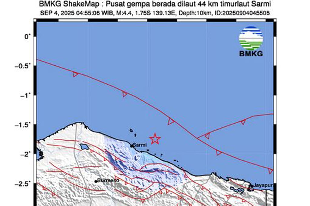 Gempa Terkini Magnitudo 4,4 Guncang Sarmi Papua Pagi Ini