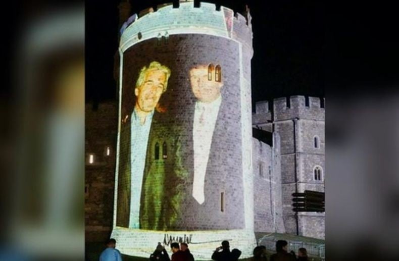 Heboh Foto Raksasa Trump dan Jeffrey Epstein Muncul di Tembok Kastil Windsor
