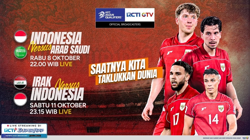 Jadwal Siaran Langsung Timnas Indonesia Vs Arab Saudi dan Irak, Live RCTI!