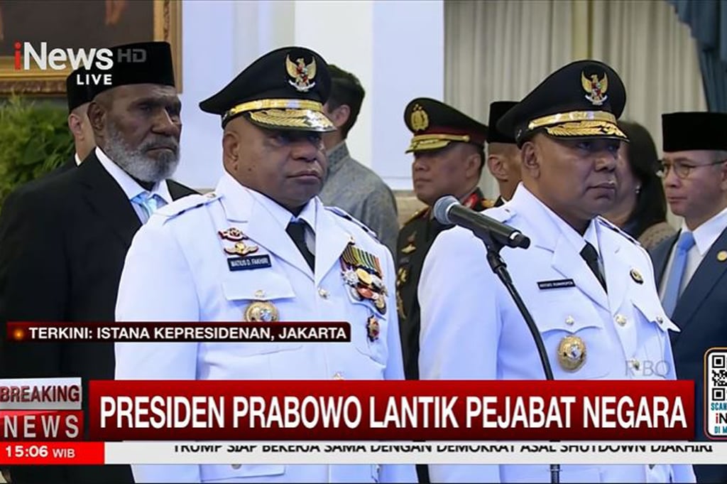Prabowo Lantik Mathius Fakhiri dan Aryoko Rumaropen Jadi Gubernur-Wagub Papua