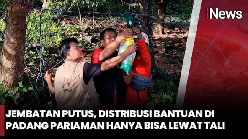 Jembatan Putus, Bantuan Warga Sipinang Anduring Sumbar Disalurkan Gunakan Tali
