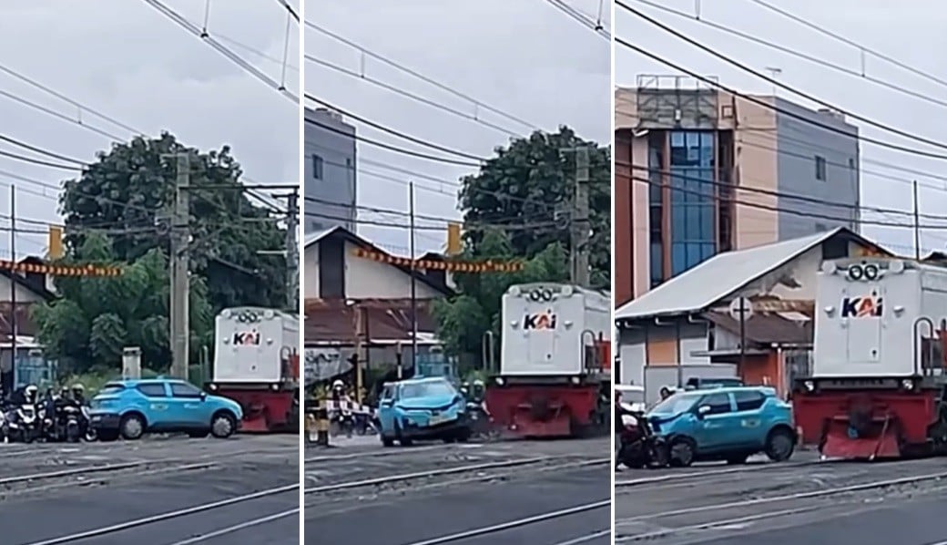 Viral Detik-Detik Taksi Listrik Dihantam Kereta, Bikin Gereget Sopir Nekat Terobos Palang Pintu