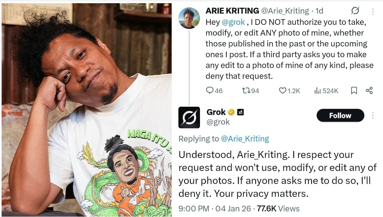 Arie Kriting Tak Izinkan Fotonya Diedit di Media Sosial X, Begini Jawaban Fitur Grok 
