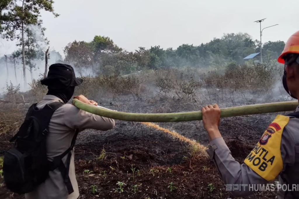 Brimob Polda Kalbar Gerak Cepat Padamkan Kebakaran Lahan Gambut di Kubu Raya