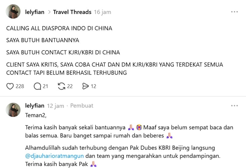 Warganet Bisa Terhubung Langsung dengan Dubes RI di China saat Situasi Kritis Berkat Unggahan Threads