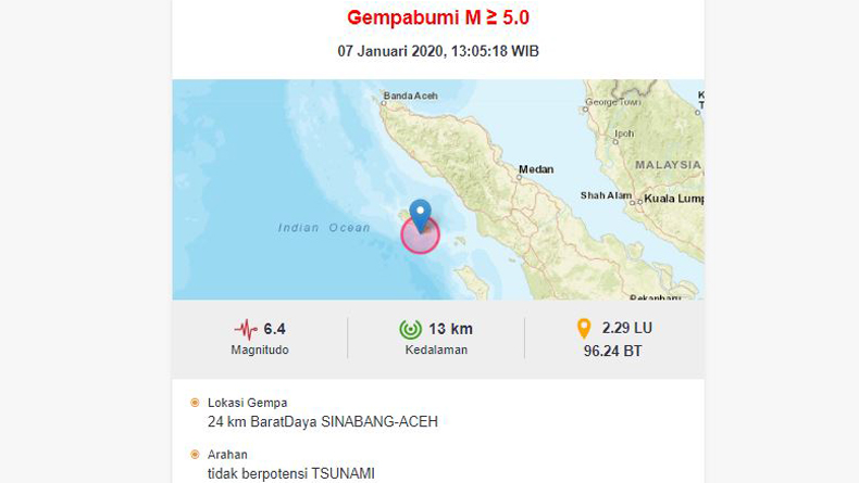 Gempa di Sinabang Aceh Magnitudo 6,4. (Foto: BMKG)
