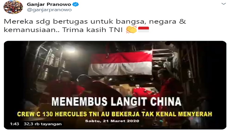 Unggahan Gubernur Jateng Ganjar Pranowo Unggahan Gubernur Jateng Ganjar Pranowo memuji misi TNI AU