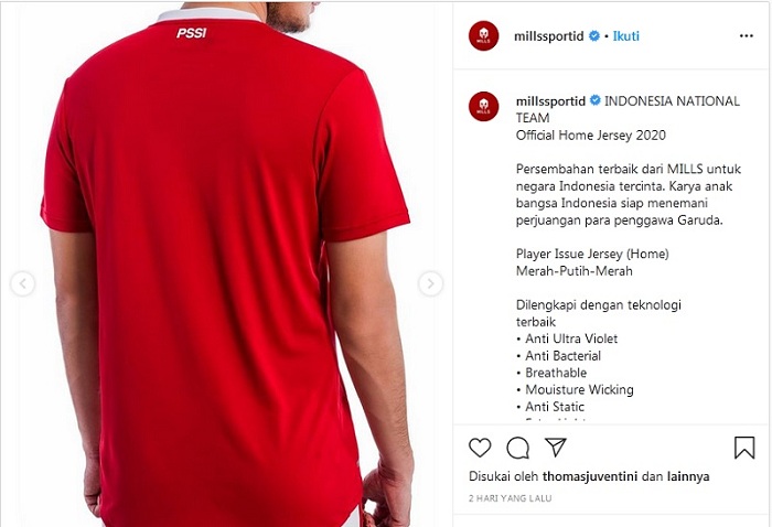Jersey Mills 2 Jersey Timnas Indonesia Bikinan Mills (foto: Instagram)