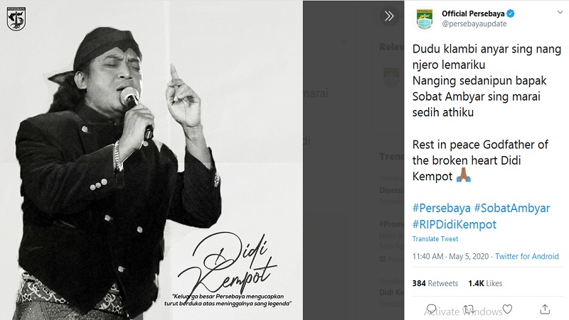 Didi Kempot 5 Persebaya Surabaya kenang lagu hits Didi Kempot Pamer Bojo Anyar (foto: Instagram)