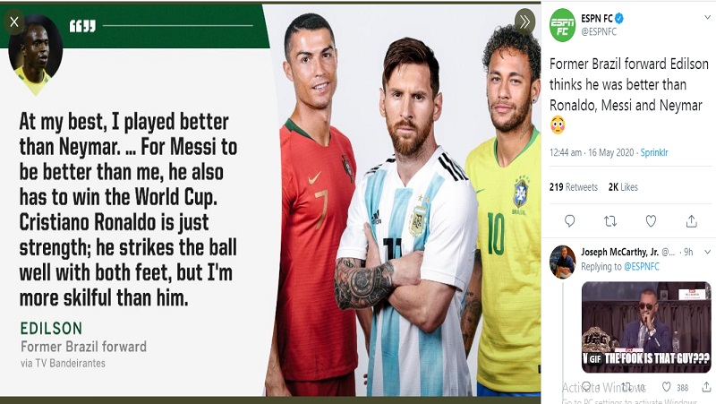 Edilson ESPN Pernyataan Edilson soal siapa terbaik antara Ronaldo, Messi, dan Neymar (foto: Twitter)