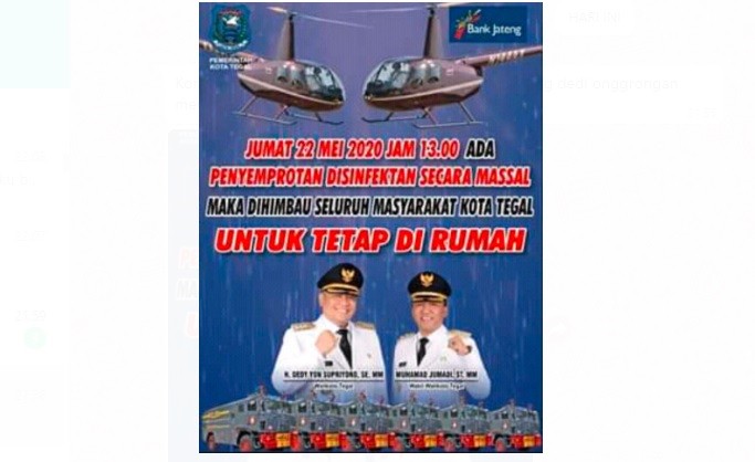 21 Tegal Laka Laka Pemkot Tegal akan menyemprotkan disinfektan massal. (Foto: istimewa)