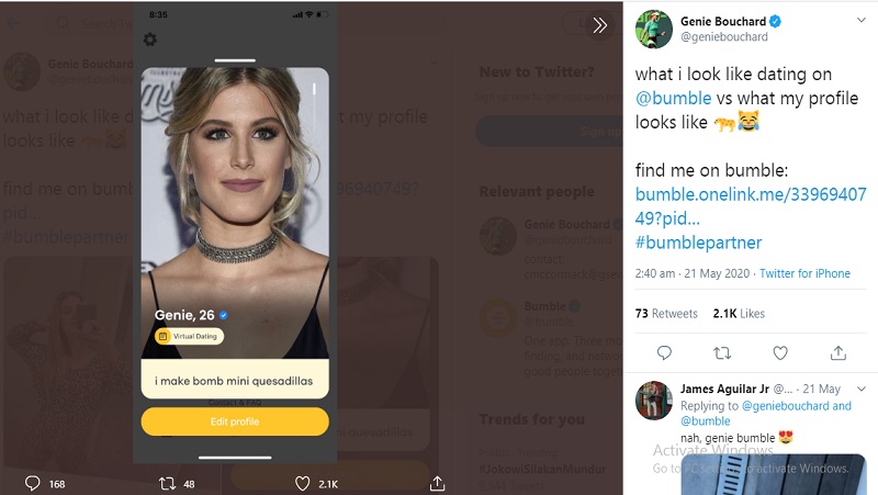 Bouchard Bumble Eugene Bouchard baru saja memiliki akun aplikasi pencari jodoh online Bumble (foto: Twitter)
