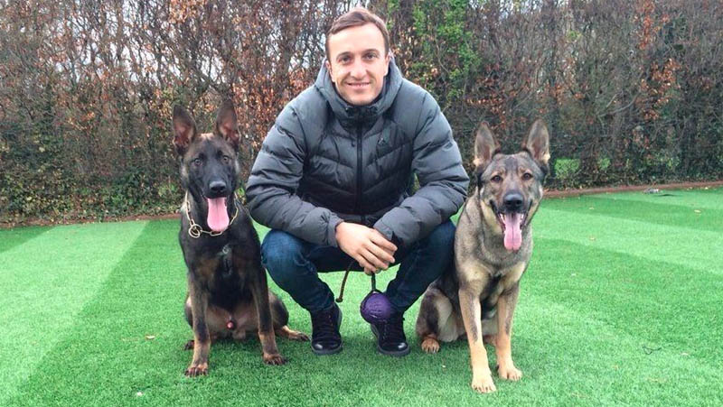 Noble dan anjing Mark Noble berfoto bersama dua anjing penjaga rumahnya (foto: The Sun)