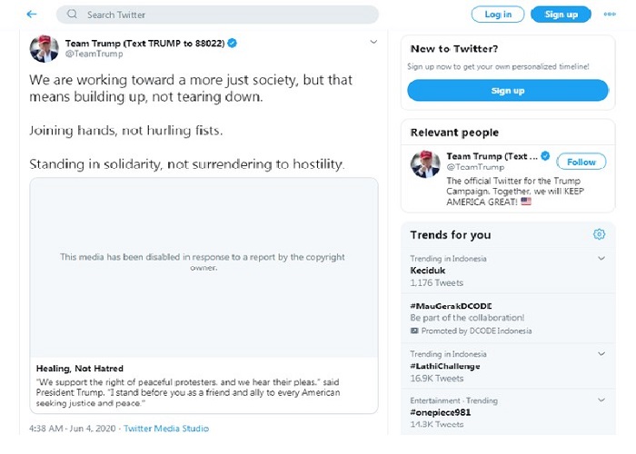 Trump Twitter Twitter kembali memblok kicauan Donald Trump terkait kematian George Floyd (foto: Twitter)