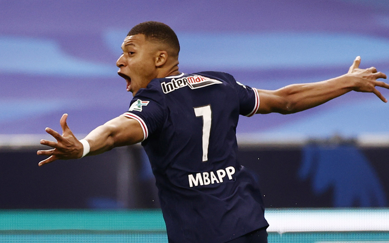 Kylian Mbappe Kylian Mbappe merayakan gol ke gawang AS Monaco pada final Piala Prancis di Stade de France, Kamis (20/5/2021) dini hari WIB. (Foto: Reuters)