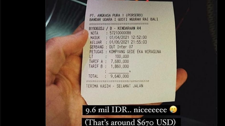 Struk parkir WNA di Bandara Ngurah Rai Bali Struk parkir WNA di Bandara Ngurah Rai Bali yang mencapai Rp9,6 juta. (Istimewa)