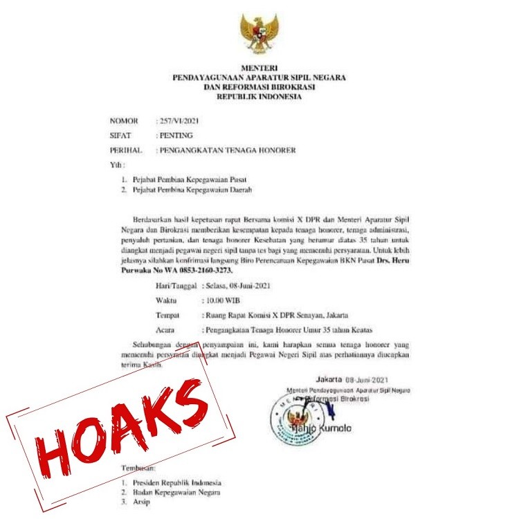 1106foto Hoaks Surat edaran palsu tentang pengangkatan tenaga honorer.