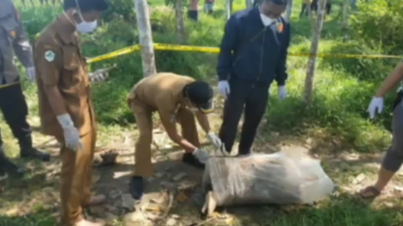 Polisi dan petugas rumah sakit mengevakuasi mayat yang terbungkus plastik wadah ikan di Tanggamus (Indra Siregar/MNC Portal)