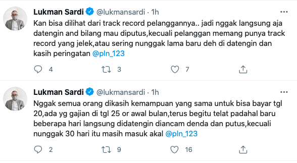 Screen Shot 2021 07 23 At 17 17 36 Lukman Sardi curhat di Twitter sola ancaman petugas PLN. (Foto: Twitter)