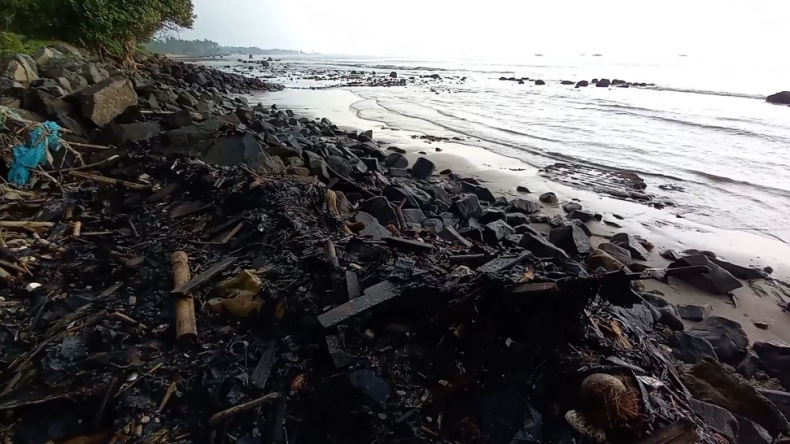 Laut Teluk Lampung tercemar cairan hitam pekat Laut Teluk Lampung tercemar cairan hitam pekat, diduga tumpahan minyak aspal curah (Andres Afandi/MNC Portal)