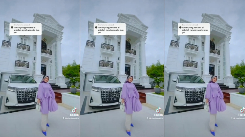 Wanita asal Banda Aceh Shella Saukia berdiri di depan rumah barunya bak istana (Instagram/shellasaukiaofficial)