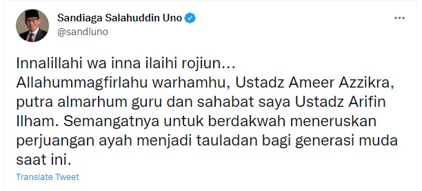 Menparekraf Sandiaga Uno berduka cita atas meninggalnya putra Arifin Ilham, Muhammad Ameer Azzikra. (Foto: Twitter @sandiuno)