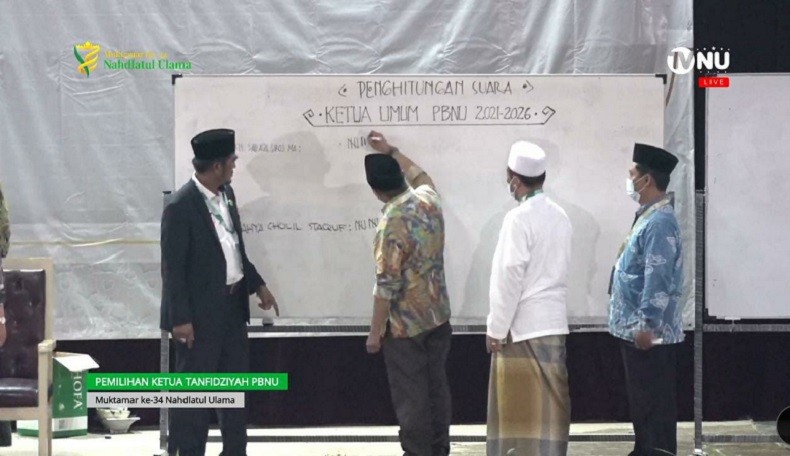 Hasil voting suara pemilihan Ketua Umum PBNU dalam Muktamar NU di Lampung. (Foto akun Youtube NU Online).