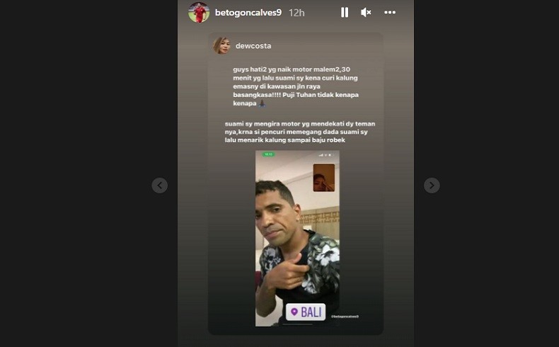 Beto Goncalves Jambret2 Striker naturalisasi asal Brasil Alberto Goncalves jadi korban jambret di Legian, Bali, Minggu (16/1/2022) malam. (Foto: Instagram).