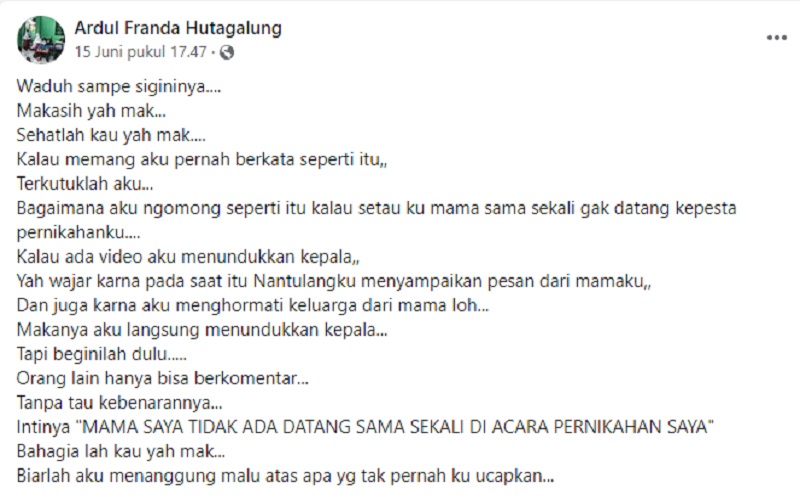 Pria bernama Ardul Franda Hutagalung menggunggah klarifikasi yang menyebutkan dirinya tak mengakui ibu kandungnya (Foto: Tangkapana Layar Facebook/Ardul Franda Hutagalung)