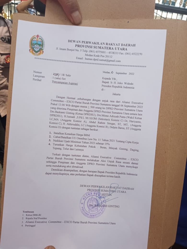 Surat DPRD Sumut Ke Presiden Joko Widodo (Foto: Istimewa)
