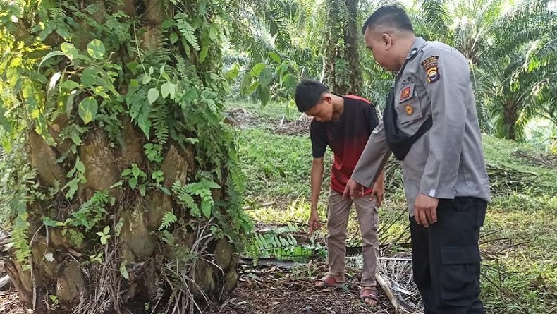 Polisi menunjukkan lokasi remaja di Bengkulu Selatan dibakar hidup-hidup di kebun durian. (Foto : Demon Fajri)